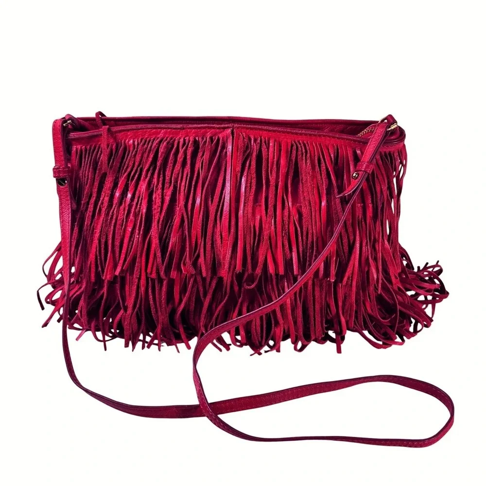 Zara Woman Red Genuine Leather Fringe Bohemian Crossbody
